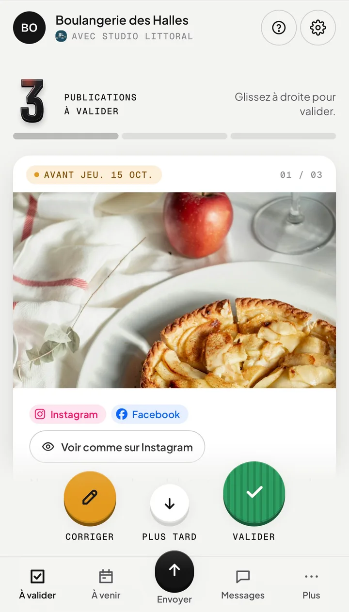 Une publication à valider, sur le téléphone du client.